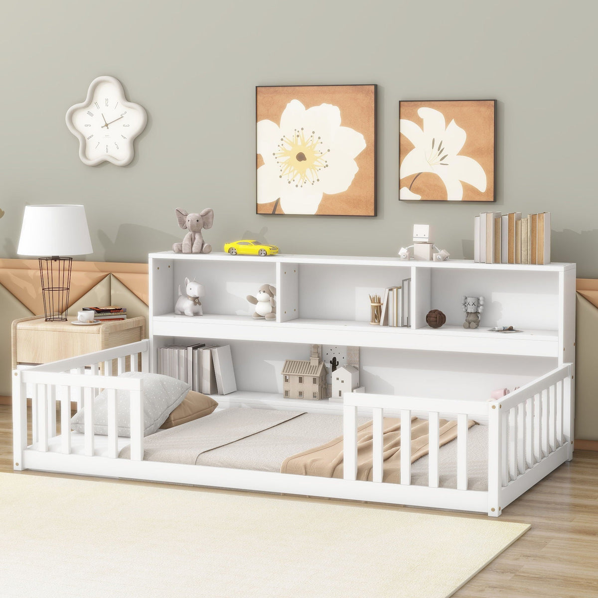 Twin Storage Bed with Bedside Bookcase and Guardrails - Gray or White