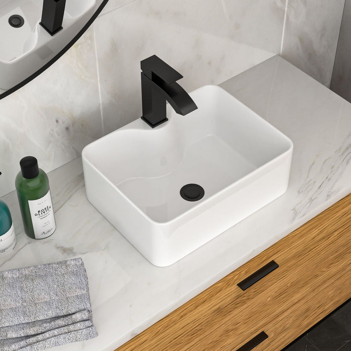 Rectangular Vessel Sink with Faucet & Drain - White/Black