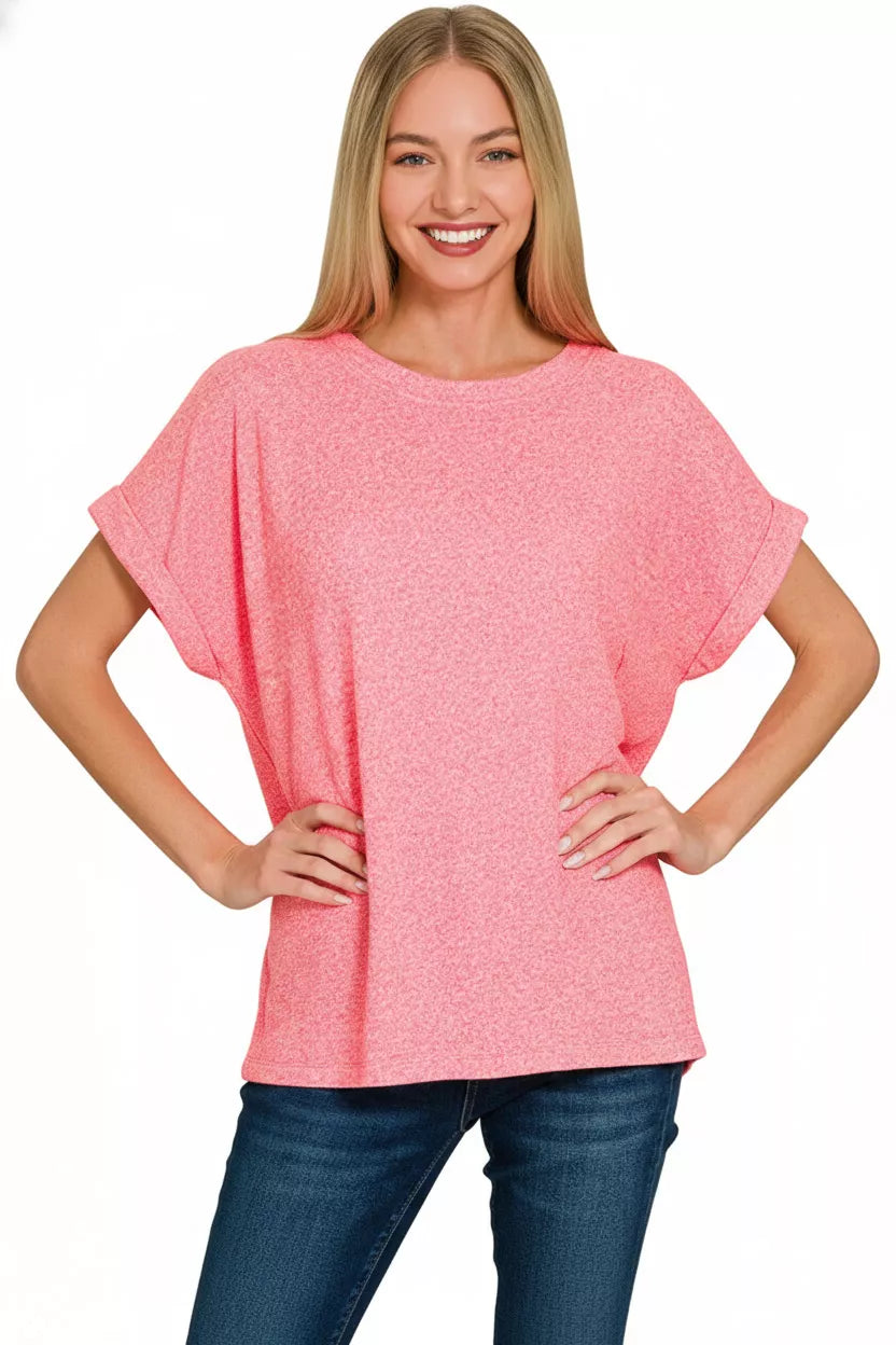 Zenana Soft Melange Hacci Short Sleeve Round Neck Top