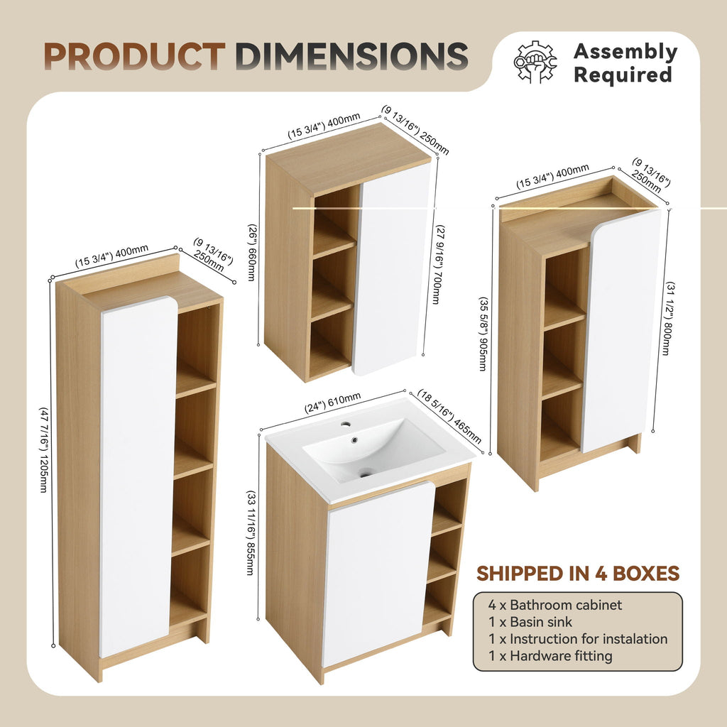 4 Piece Bathroom Vanity Set with Integrated Ceramic Sink and Storage - Black, Light Oak, White