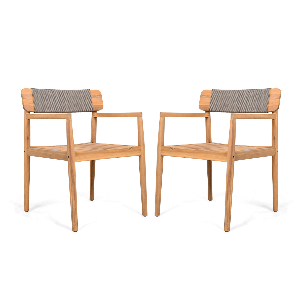 Creative Braided Acacia Wood Outdoor Dining Chairs with Armrests - Grey