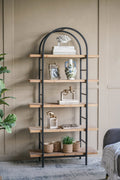 Tall Arched Wood and Iron Display Shelf with Striking Design