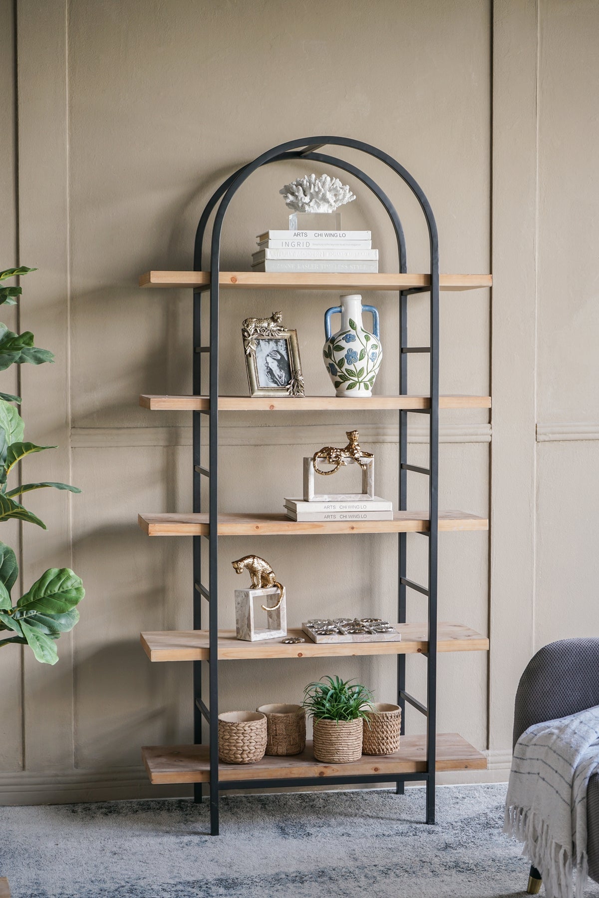 Tall Arched Wood and Iron Display Shelf with Striking Design