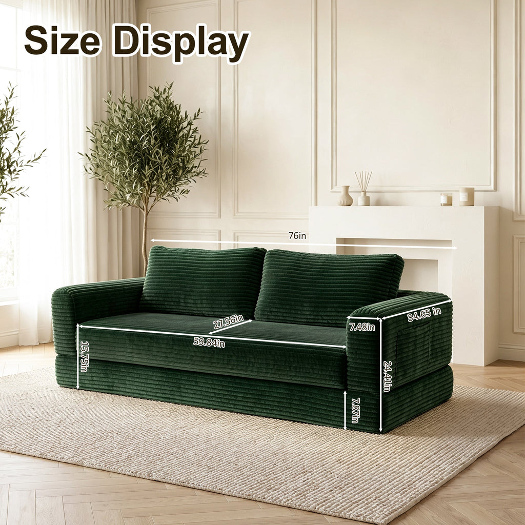 76 Inch Convertible Futon Sofa Bed with Corduroy Upholstery - Dark Green