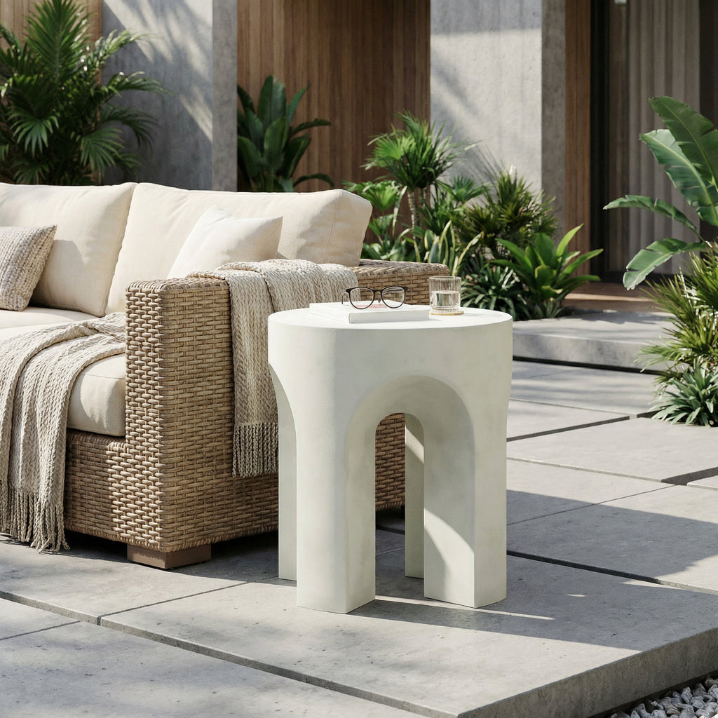 Outdoor MGO Round Top Side Table with Stable Four-Leg Design - Antique White