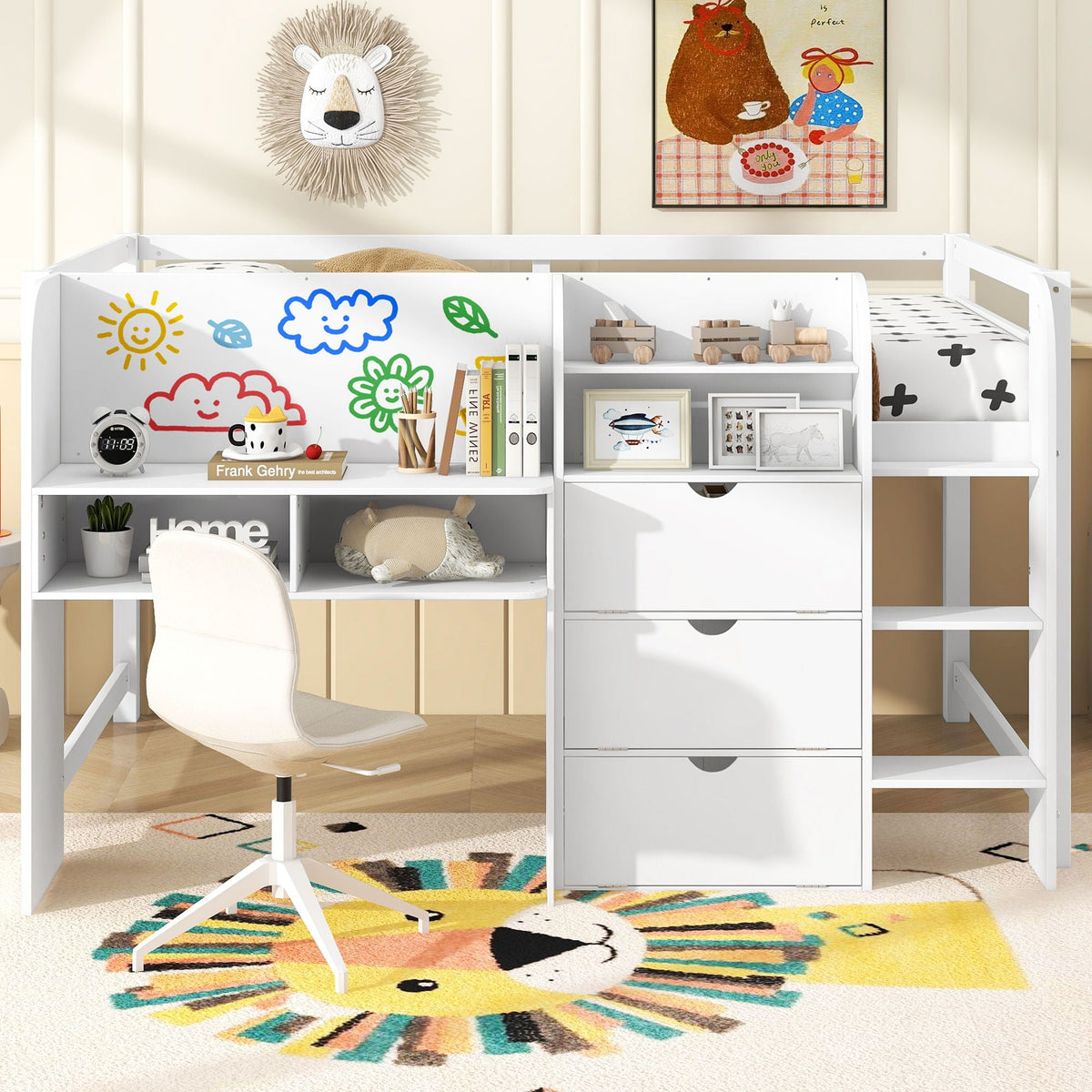 Low Loft Bed With Built In Desk, Storage Cabinets, Open Bookcase And Doodle Board