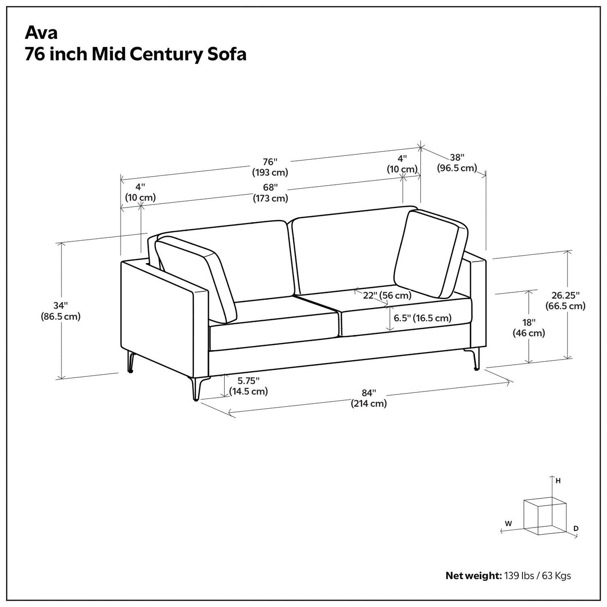 Mid Century Upholstered Sofa with Water-Repellent Fabric - Multiple Colors