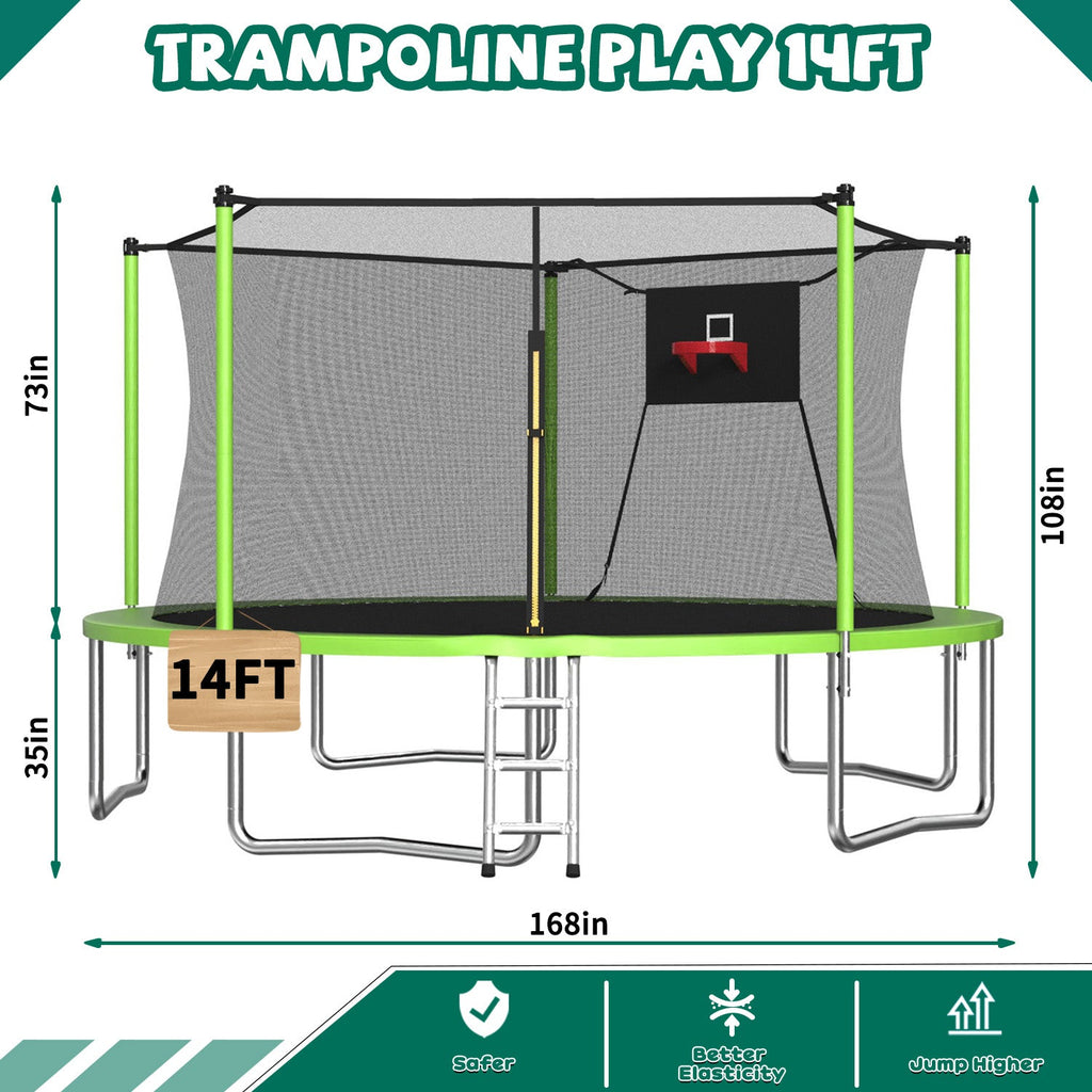 14FT Sports Fitness Trampoline with Safety Enclosure Net - Green