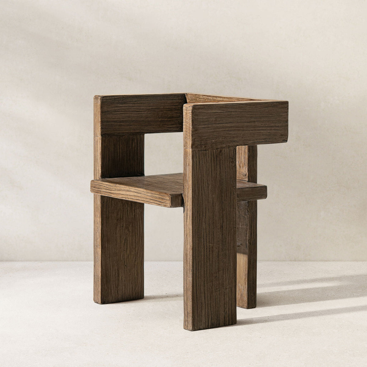 Sculptural Block Accent Chair with Reclaimed Elm Construction - Brown