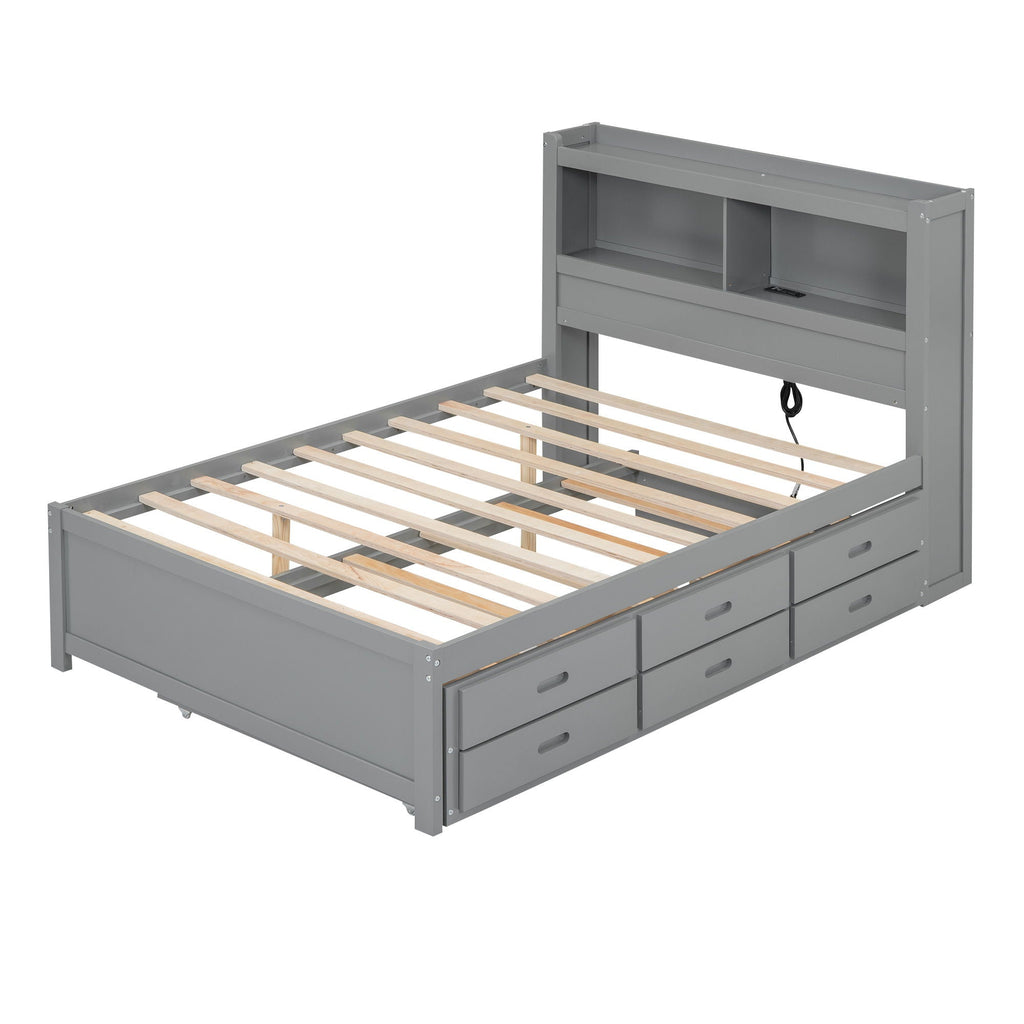 Full Size Platform Trundle Bed with Drawers and USB Ports - Gray