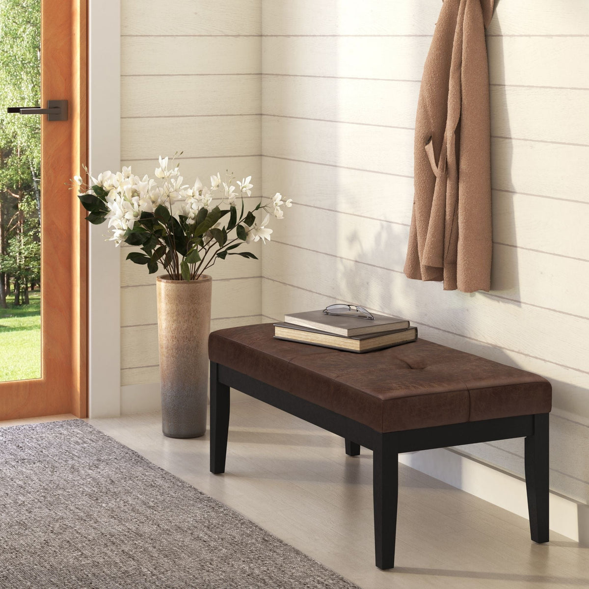 Upholstered Tufted Ottoman Bench with Solid Wood Base - Black, Brown, or Gray