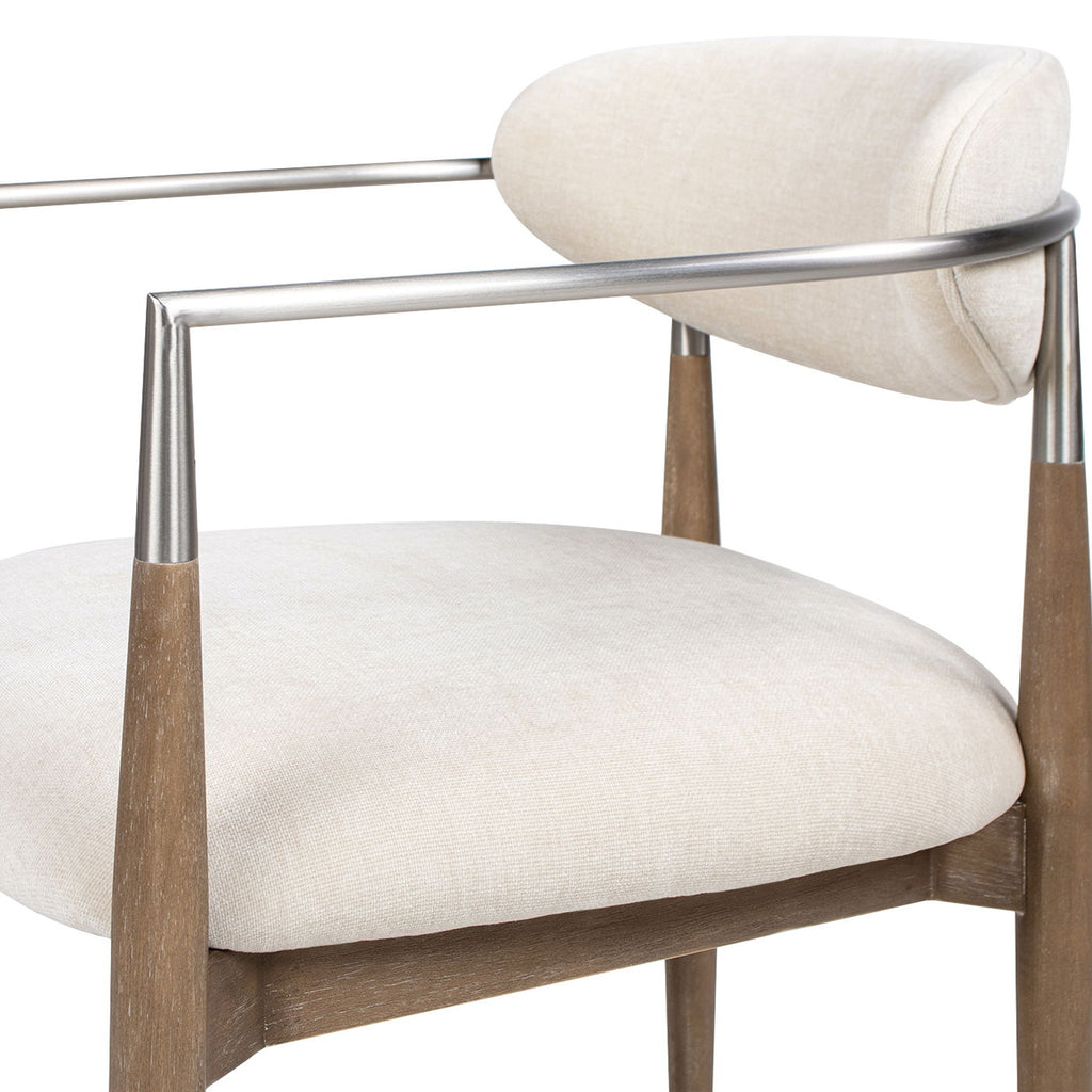 Artemis Mixed Material Upholstered Dining Arm Chair with Brushed Nickel Arms - Warm White