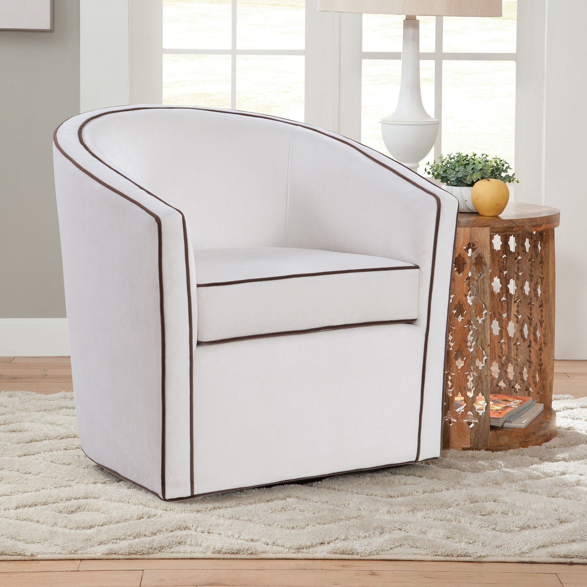 Barrel Back Swivel Chair with 360° Swivel Functionality - Blue, Dark Brown, Beige