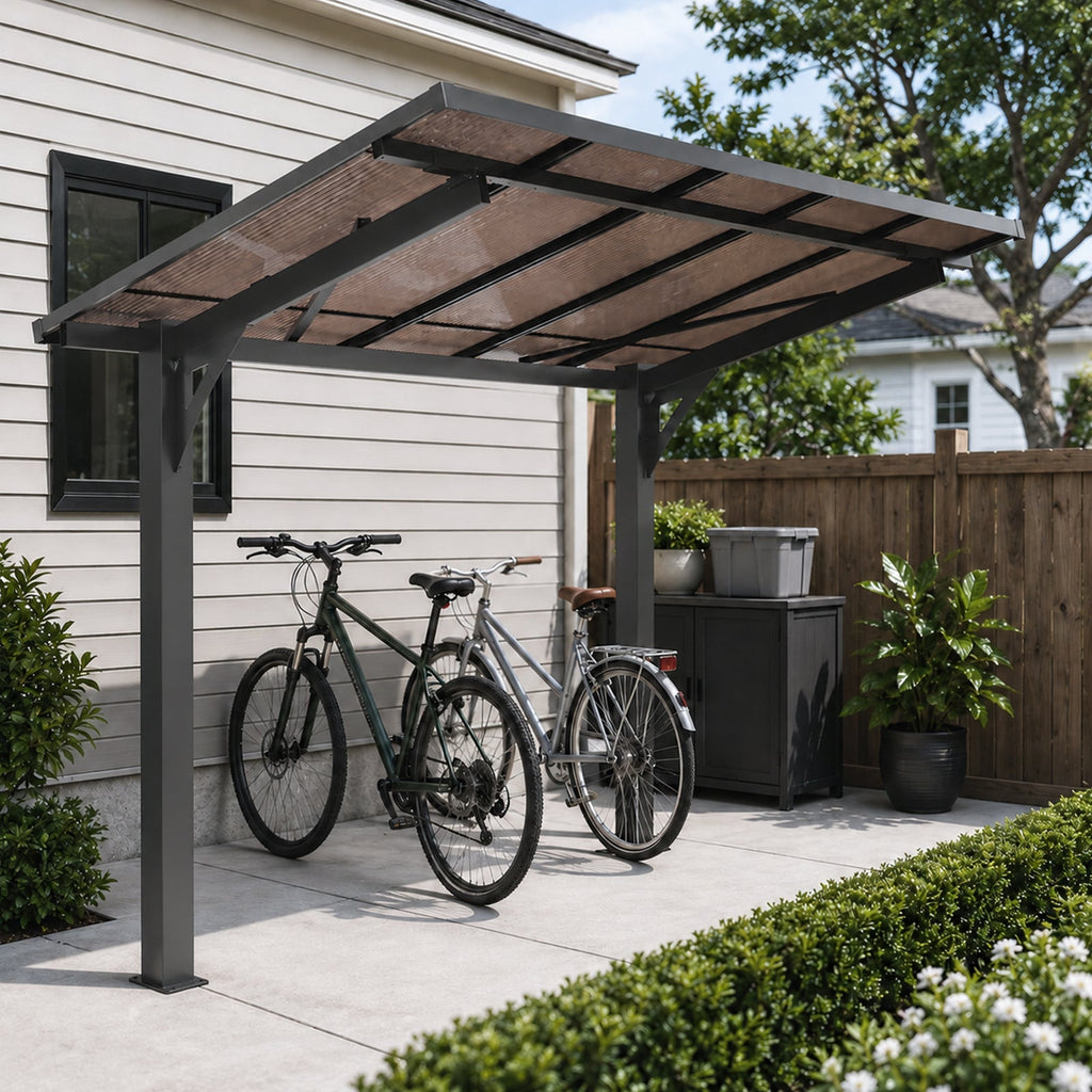 Galvanized Steel Carport with Sloped PC Roof - 8x5ft, Black