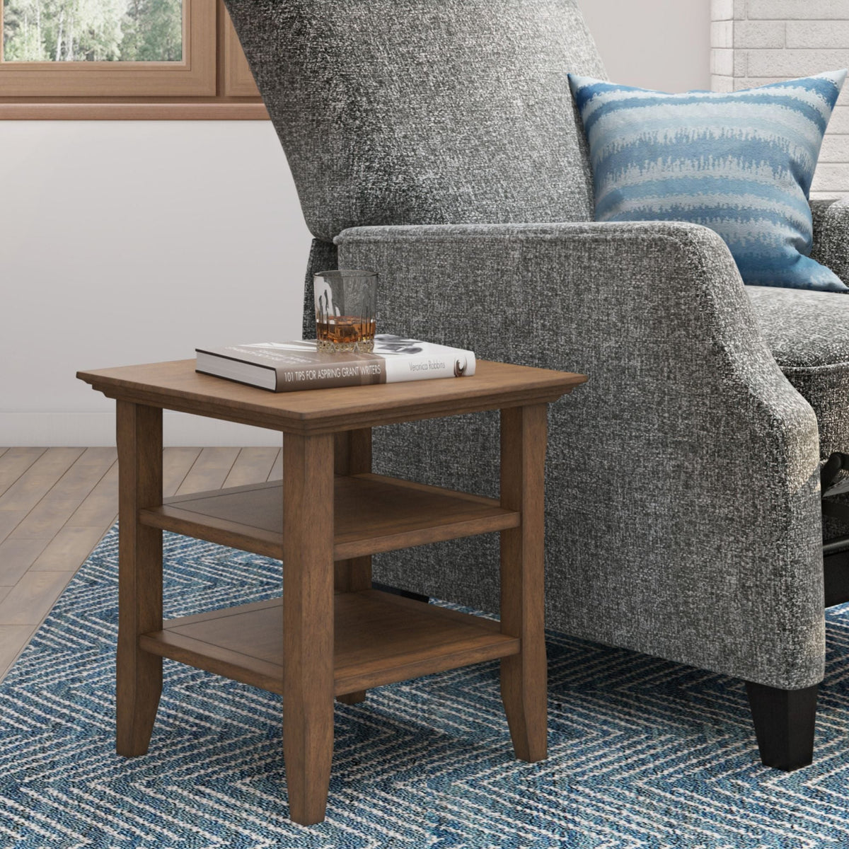 Light Brown End Table with Open Storage Shelves - MDF & Metal