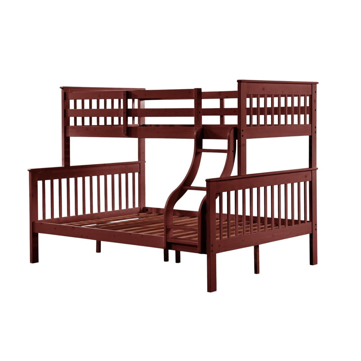 Twin Over Full Bunk Bed with Secure Ladder and Slat System - Dark Red or Gray