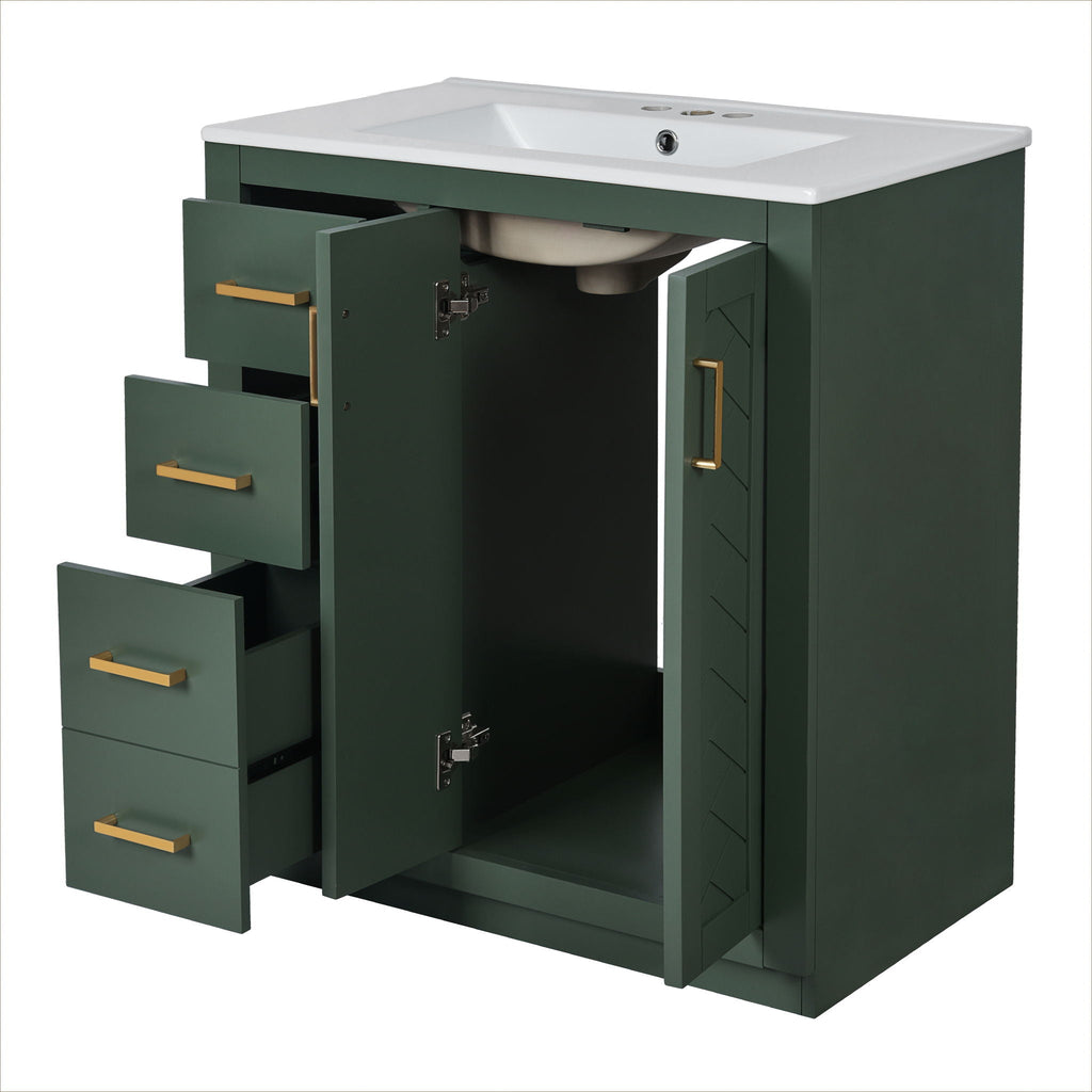 Ceramic Sink Vanity Combo with 3 Drawers and Soft Closing Doors - 30"