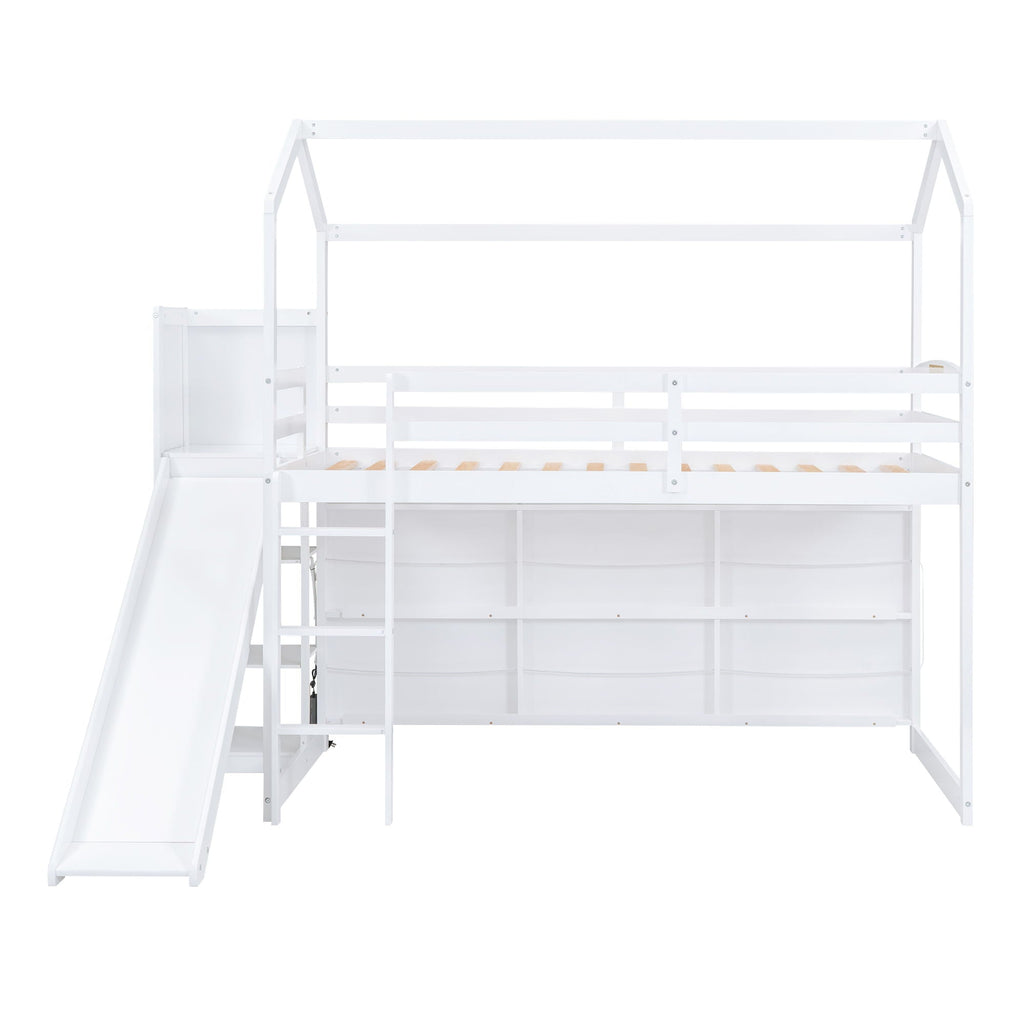 House Loft Bed with Slide and Storage Shelves - Twin with Light