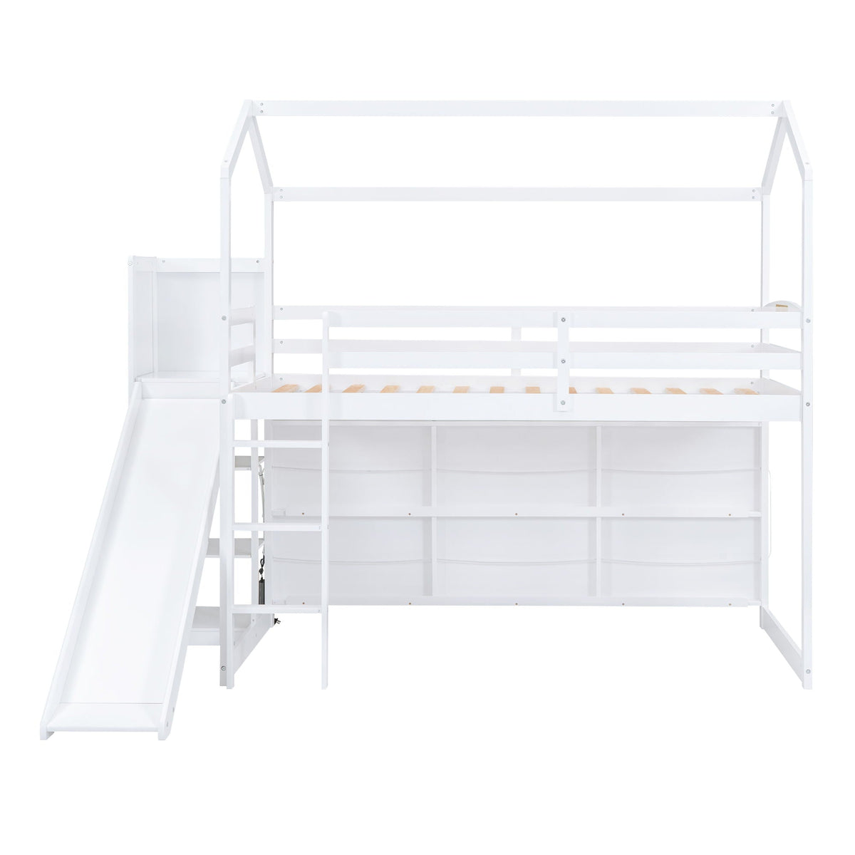 House Loft Bed with Slide and Storage Shelves - Twin with Light