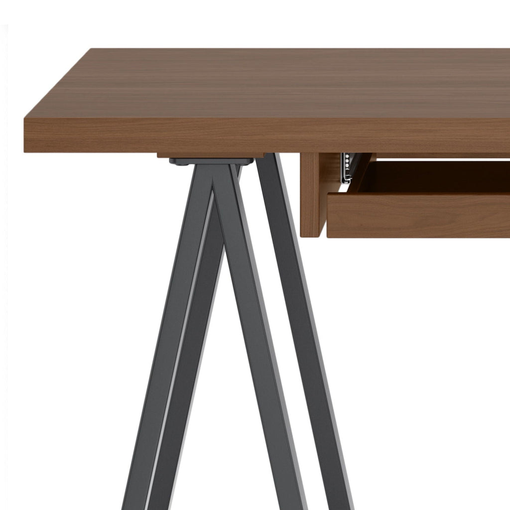 Handcrafted Solid Writing Desk with Sawhorse Metal Supports - Dark Brown