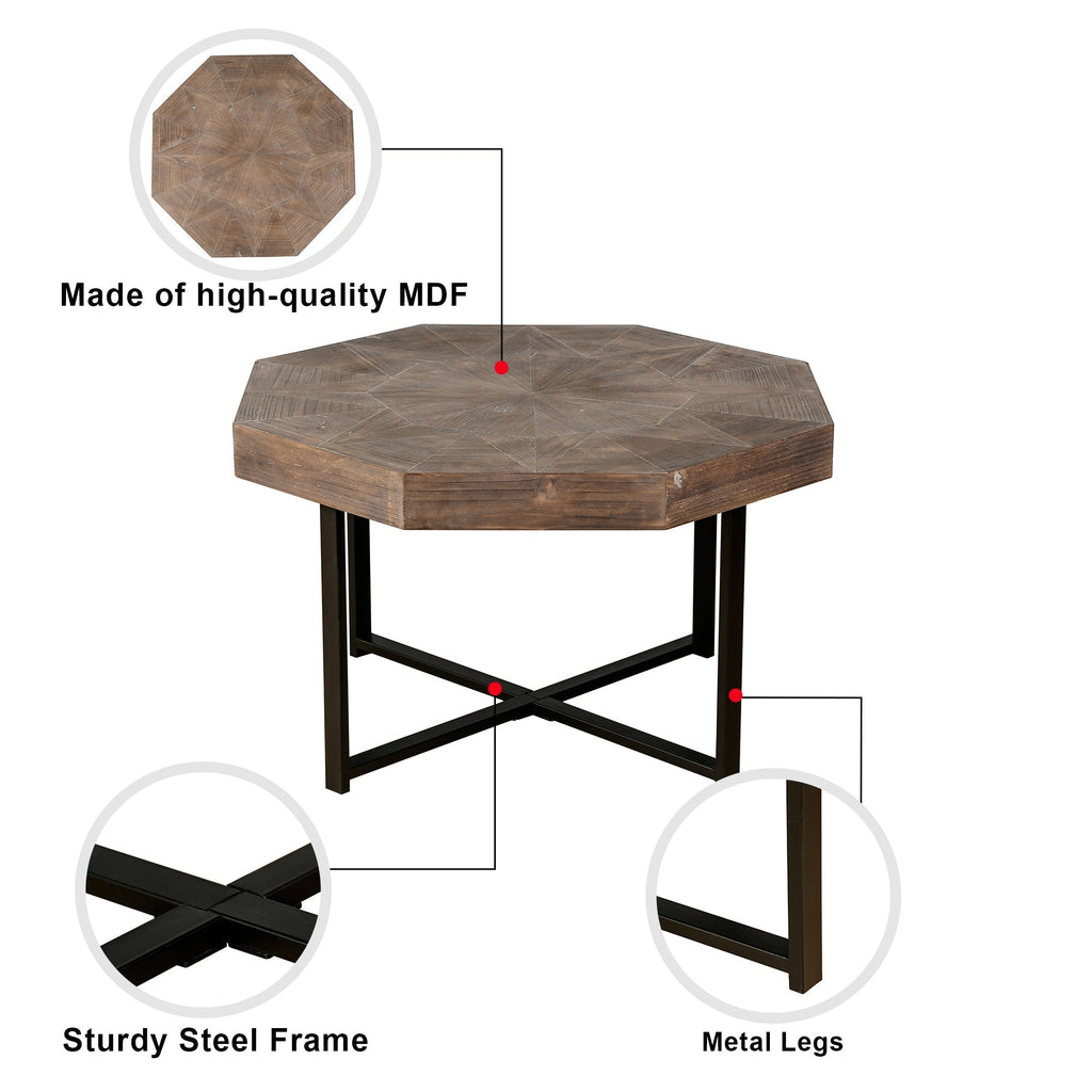 Wood Octagonal Vintage Patchwork Coffee Table with Metal Frame - Antique Brown