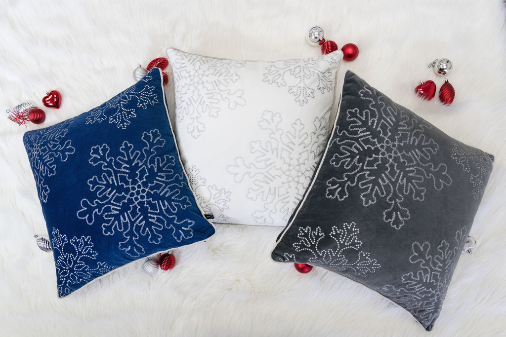 Gray Velvet Holiday Throw Pillow with Snowflake Embroidery - Gray