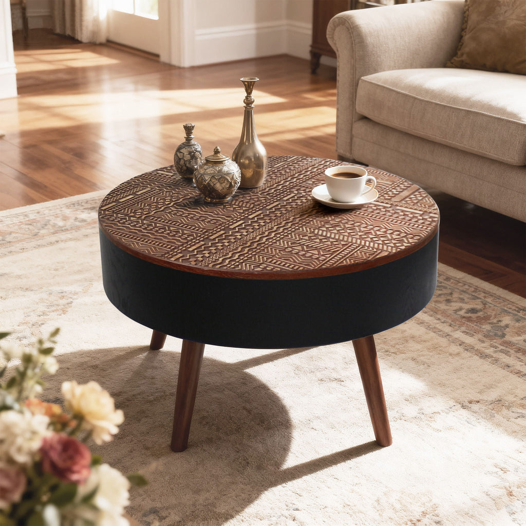Round Coffee Table with Storage Function - Carved Wood Top - Dark Brown or Black