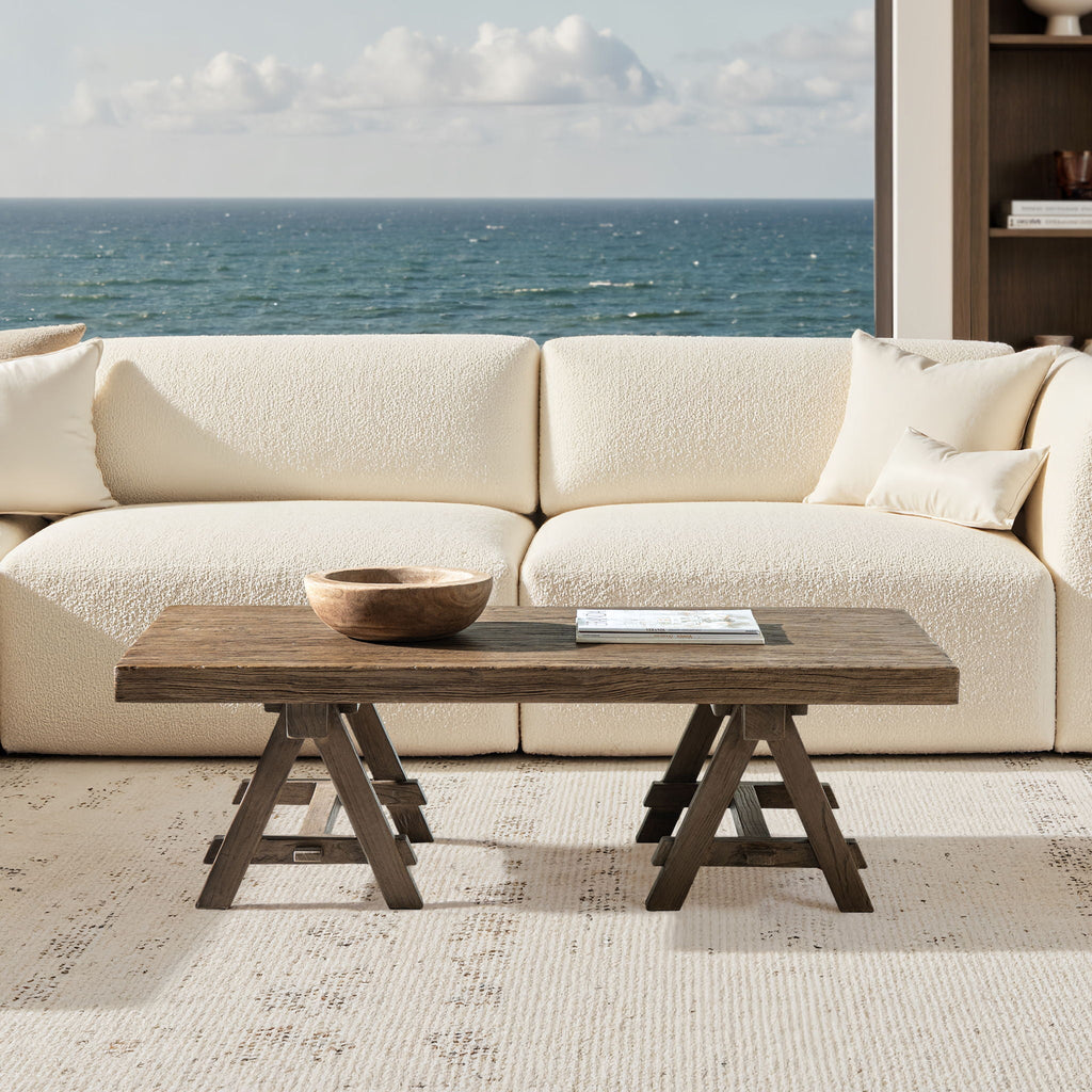 Trestle Coffee Table with Solid Reclaimed Elm Construction - Dark or Light Brown