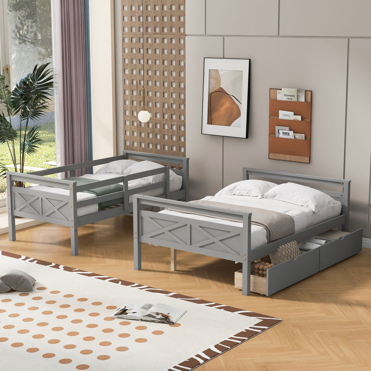 Twin Over Full Bunk Bed with Ladder and Storage Options - White or Dark Gray
