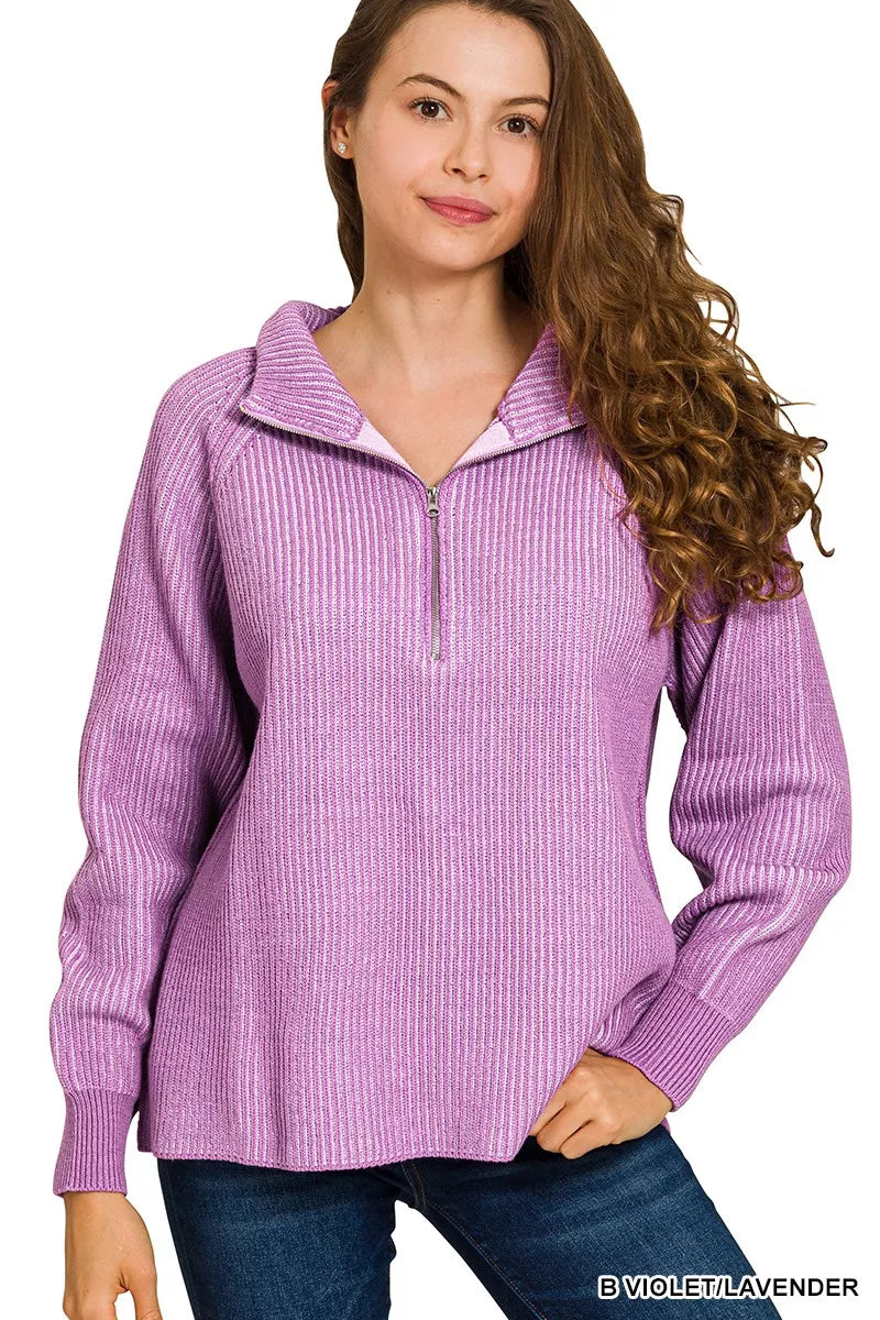 Zenana Ribbed Two Tone Half Zip Sweater