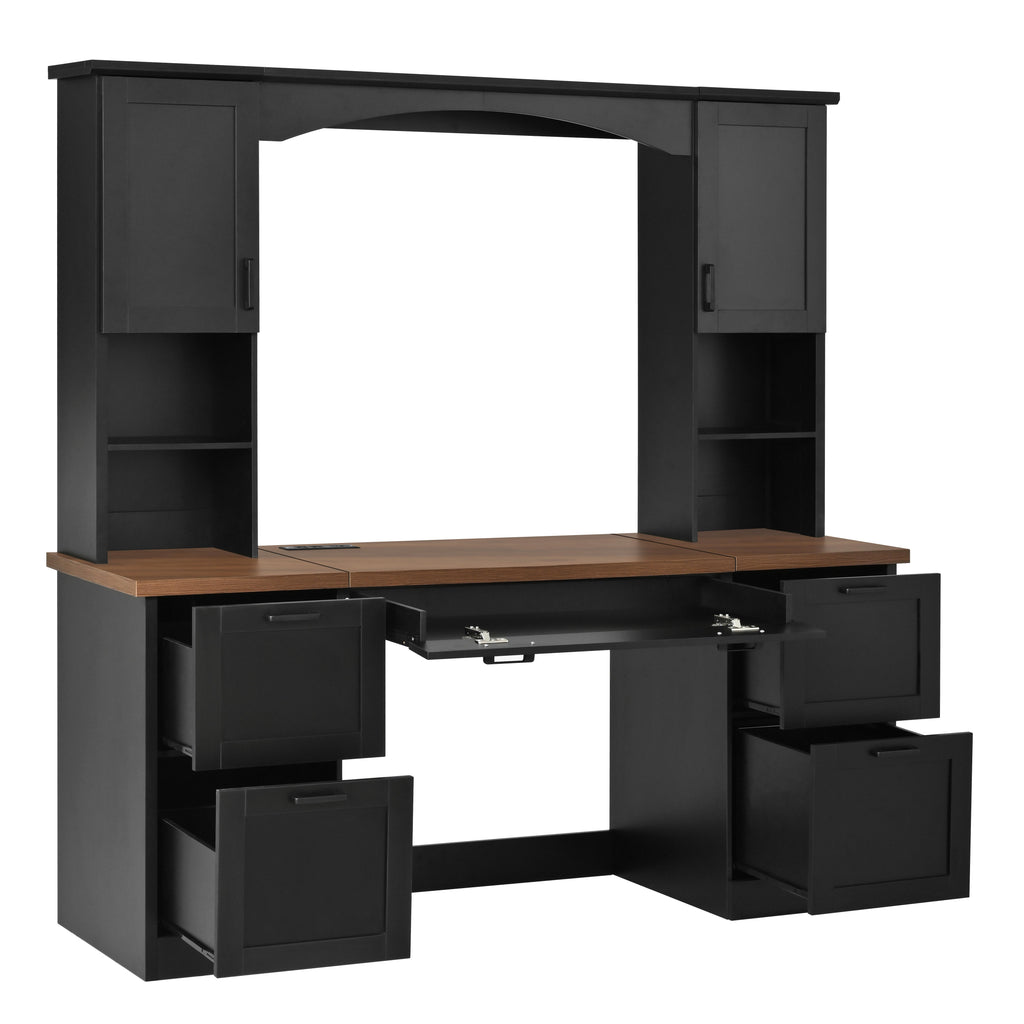 Farmhouse Arched Computer Desk with Hutch - MDF, Walnut & Black
