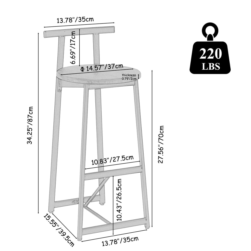 Modern Bar Stools with Backrest for Kitchen – Set of 3 – White or Black