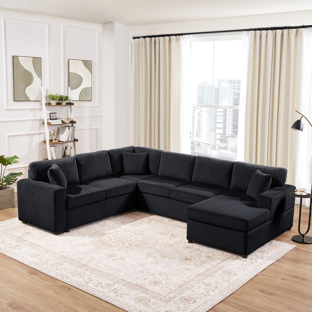 Oversized Sectional U-Shaped Sofa With Chaise Lounge And Three Soft Throw Pillows