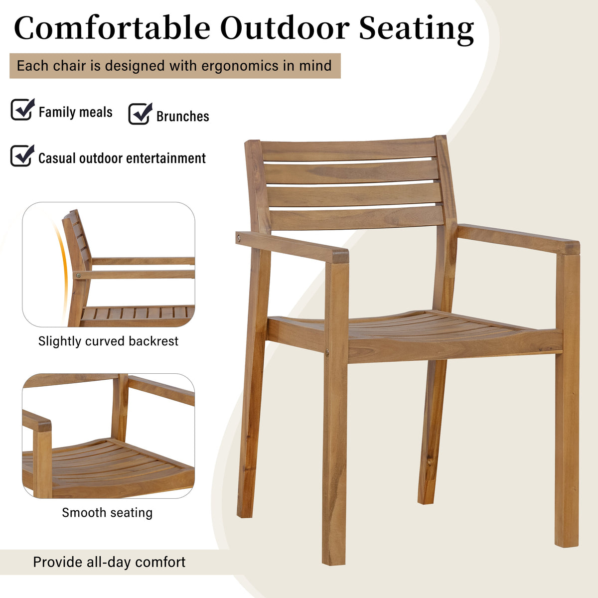 Natural Acacia Wood 5-Piece Outdoor Dining Set with Rectangular Table - Natural