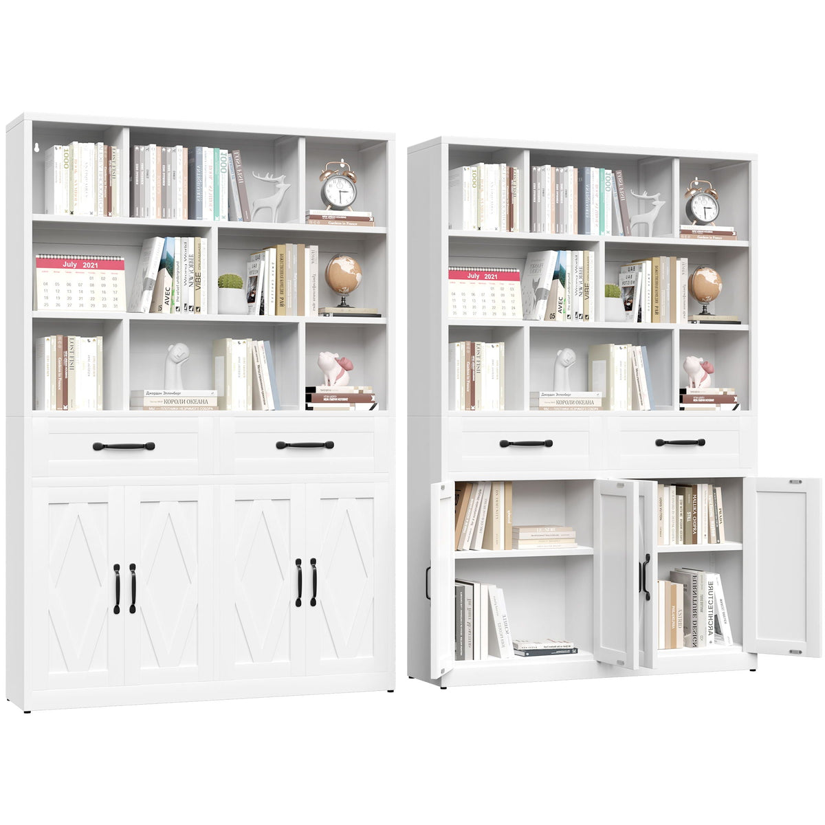 Bookcase Tall With 2 Doors & 2 Drawers, Fixed Open Shelves - White
