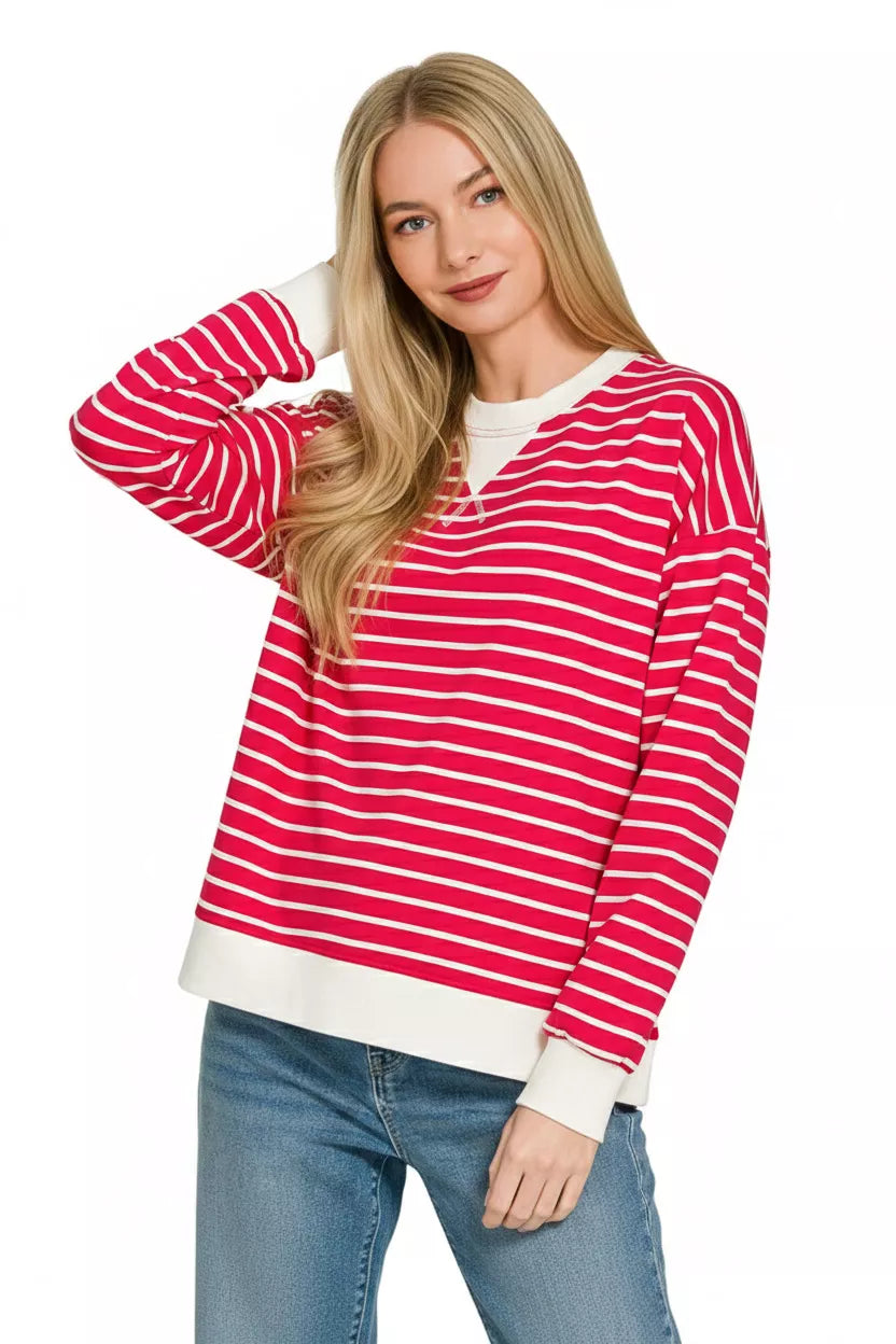 Zenana Contrast Striped Round Neck Sweatshirt