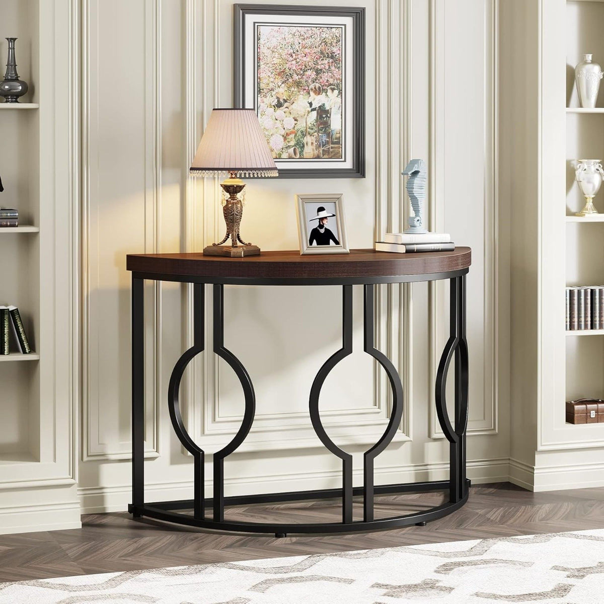 Half Moon Console Table with Geometric Metal Base - Rustic Brown
