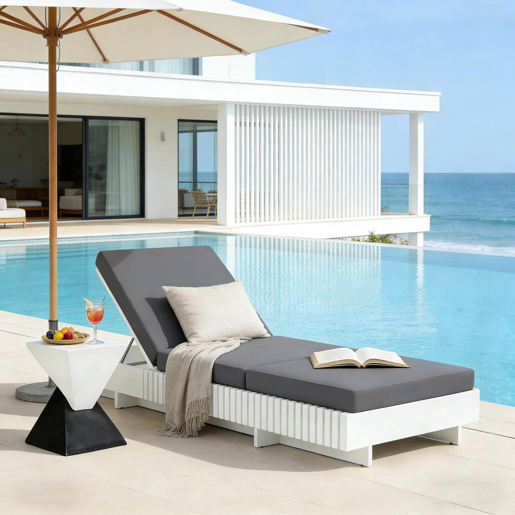 White Acacia Solid Wood Outdoor Chaise Lounge with Cushions - White