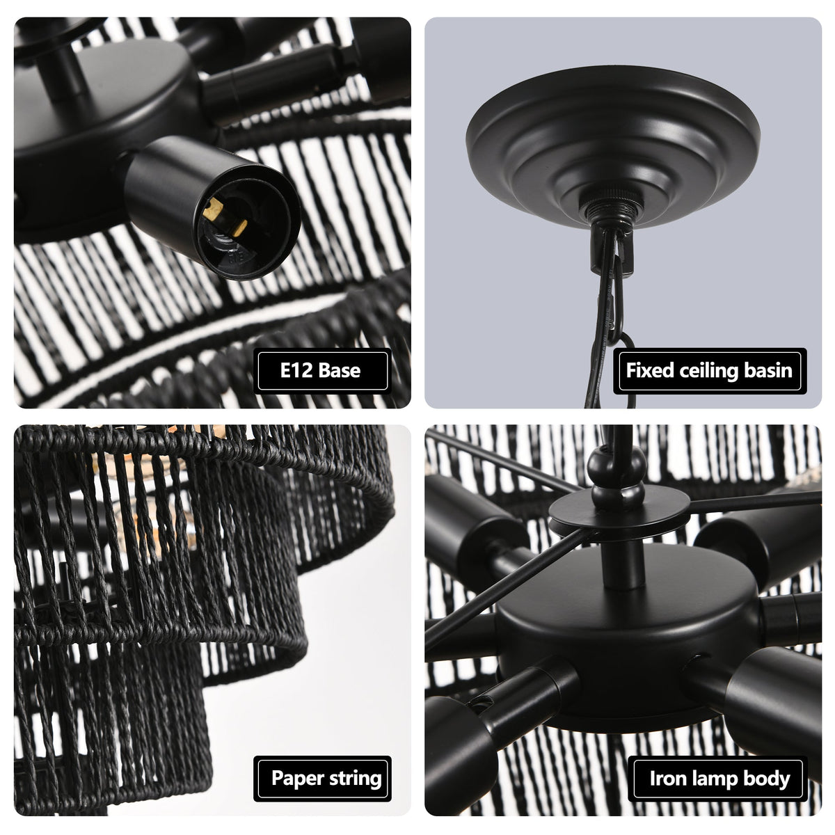 24' Rustic 5-Tier Black Hemp Rope Pendant Light Chandelier