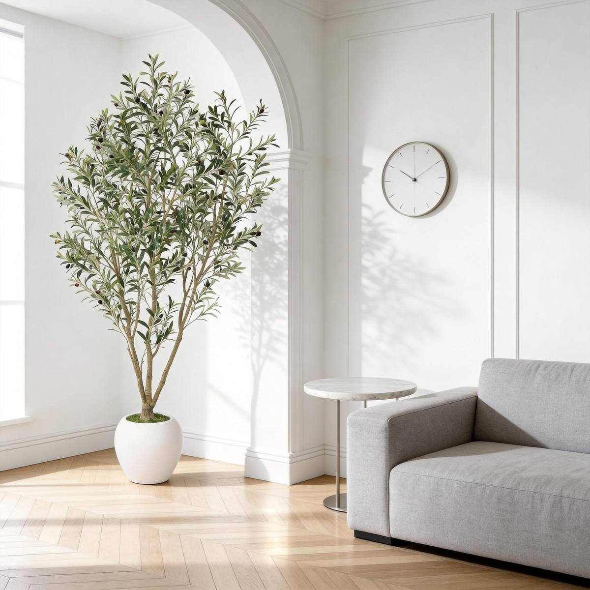 8FT Artificial Olive Tree with Decorative White Planter - Green Leaves