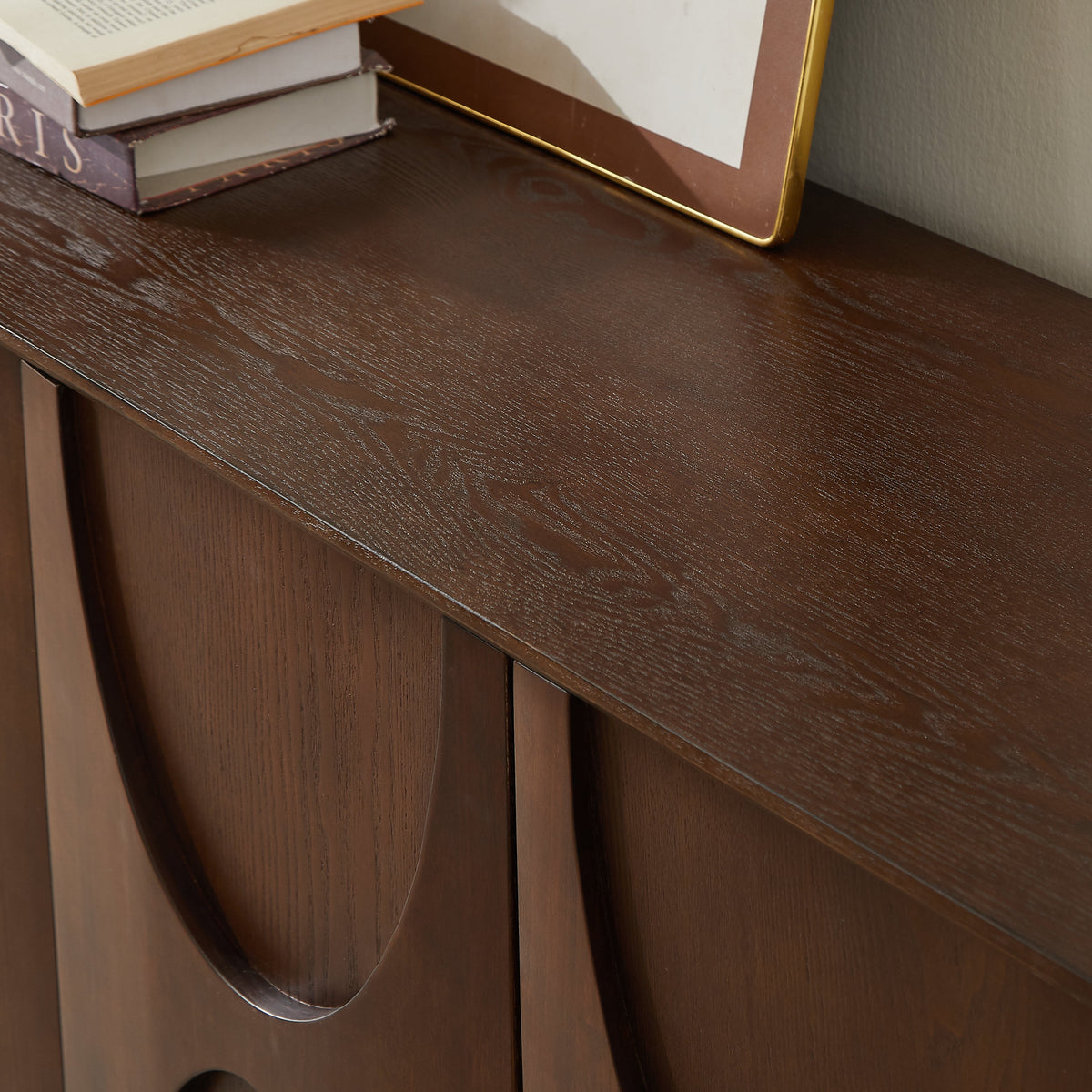4 Door Accent Cabinet with Solid Wood Carved Doors - Natural Walnut