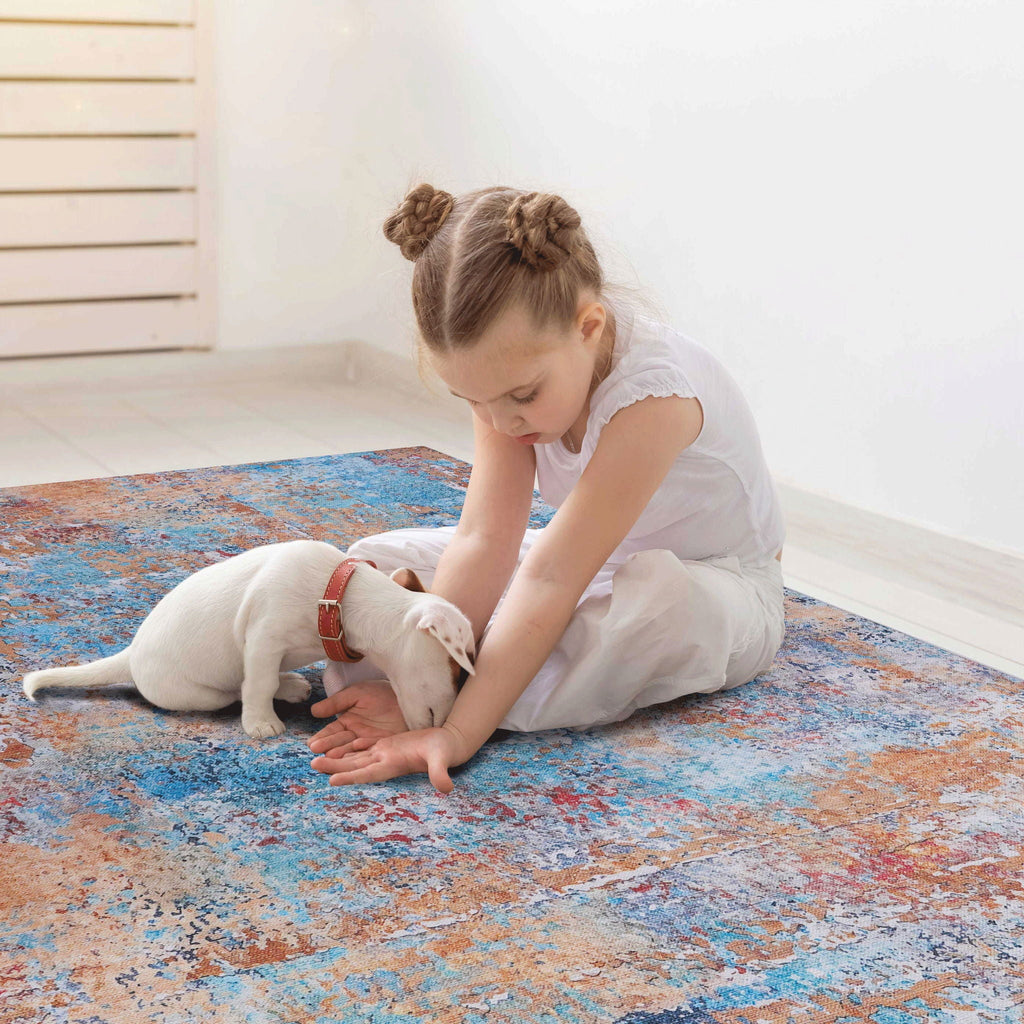 Machine Washable Area Rug with Low Pile - Light Blue, Gray, or Black