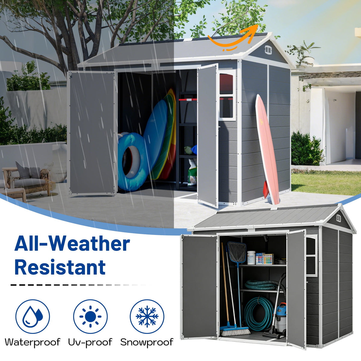 Plastic Utility Shed 8x6 ft with Floor – Lockable Storage Shed - Gray-White