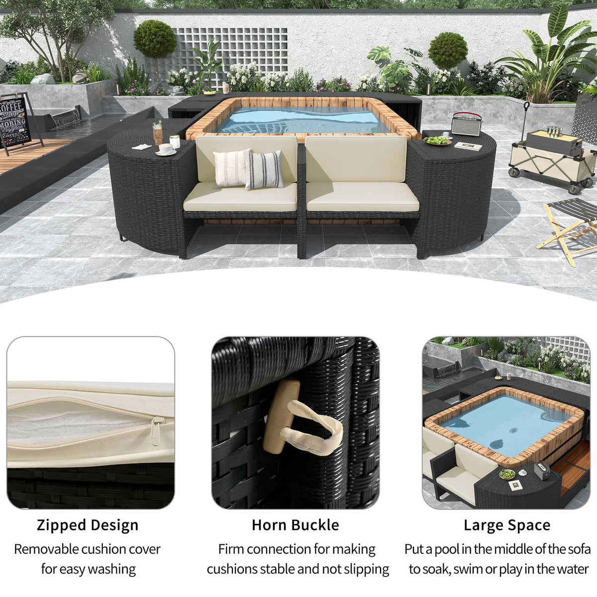 Spa Surround Outdoor Rattan Sectional Sofa Set with Storage - Dark Gray or Beige