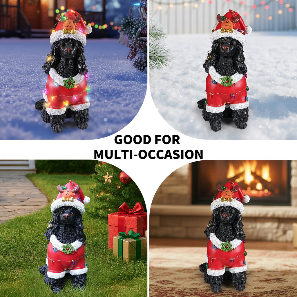 Festive Black Poodle Christmas Statue with Santa Outfit - Black+Red