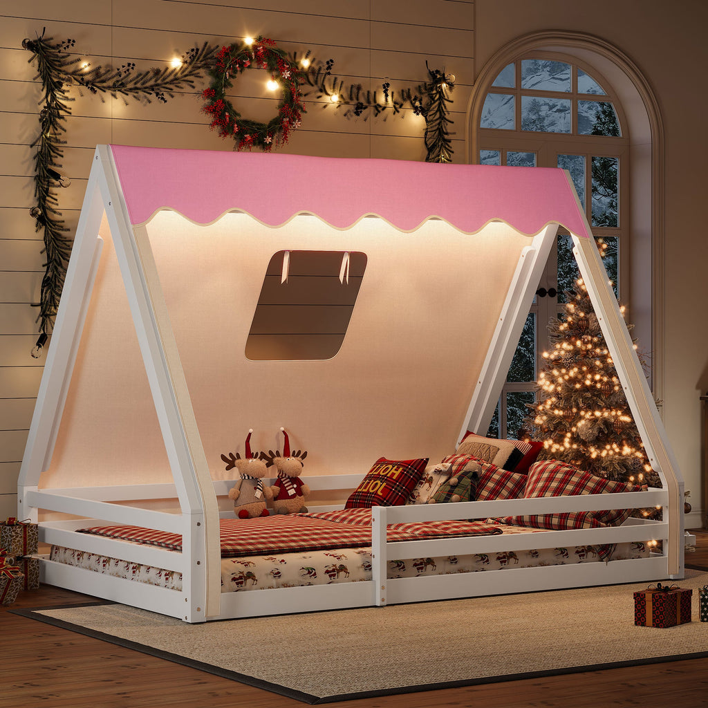 Full Size House Floor Bed with Tent and Light - Pine, MDF, and Plywood
