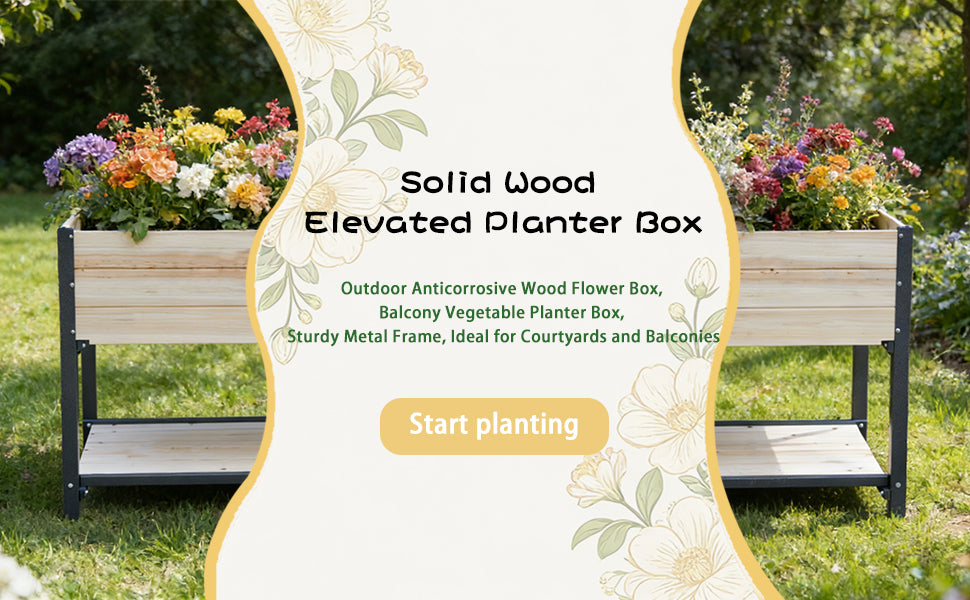 Solid Wood Raised Garden Bed with Iron Frame - Natural Wood