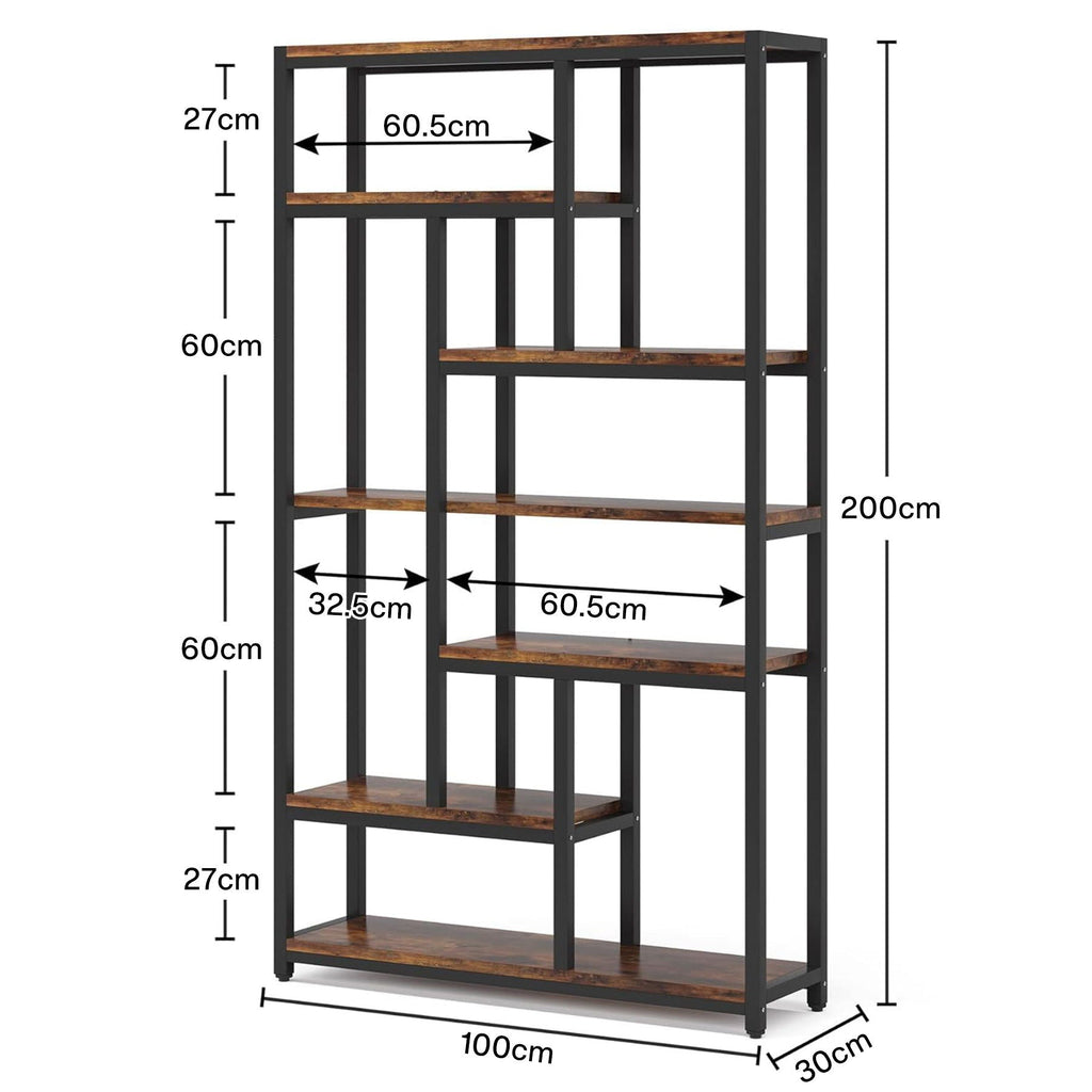 Extra Tall 7 Tier Industrial Etagere Bookcase with 10 Shelves Organizer - Dark Brown or Black