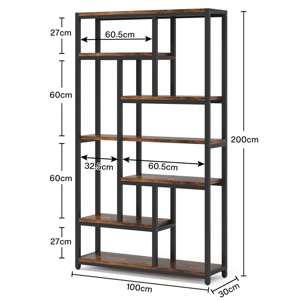Extra Tall 7 Tier Industrial Etagere Bookcase with 10 Shelves Organizer - Dark Brown or Black