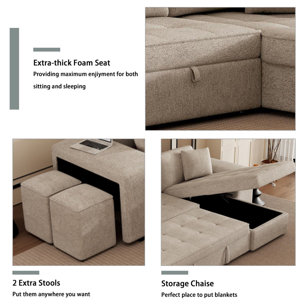 Reversible L-Shape Sleeper Sectional Sofa with Storage Chaise and 2 Stools - Multiple Colors